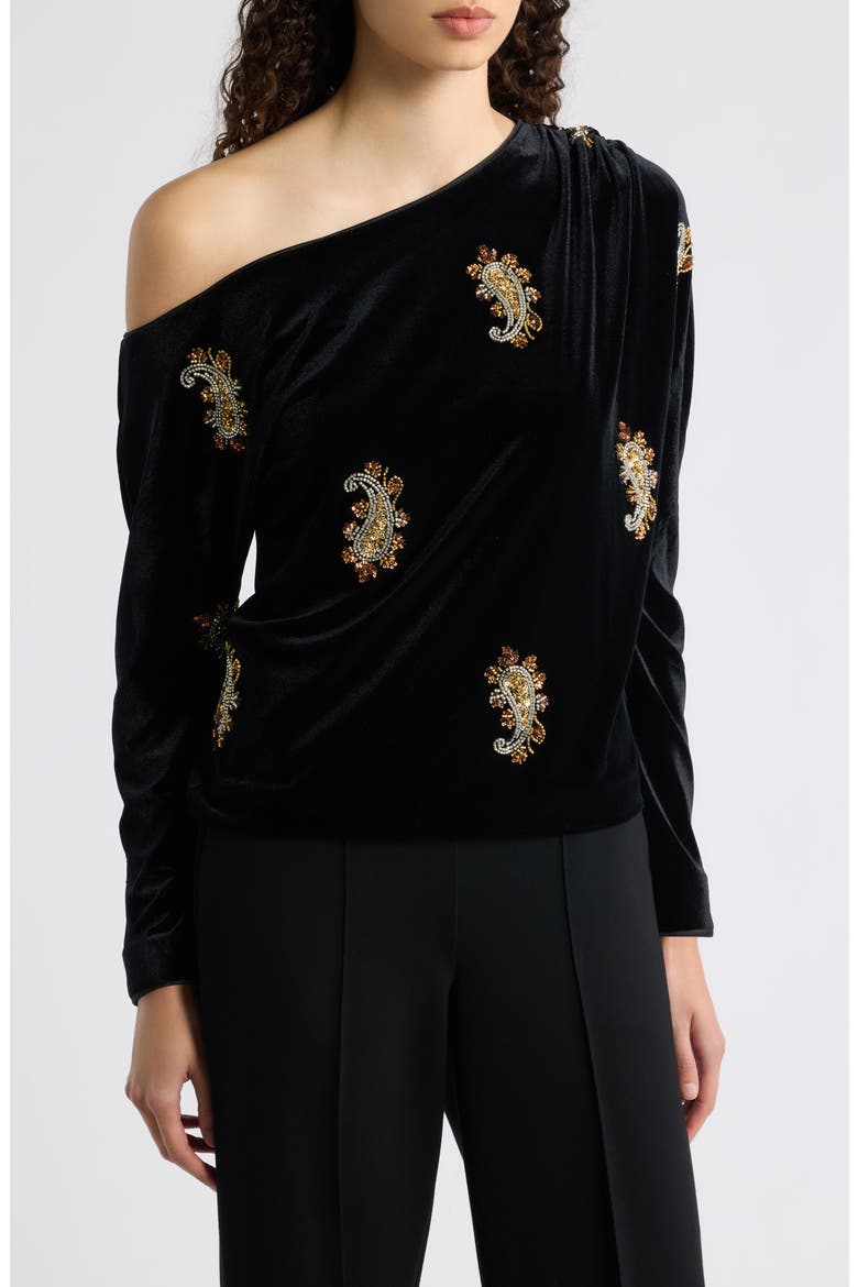 The Vani One Shoulder Velvet Top, Main, color, NOIR/ BRONZE GOLD