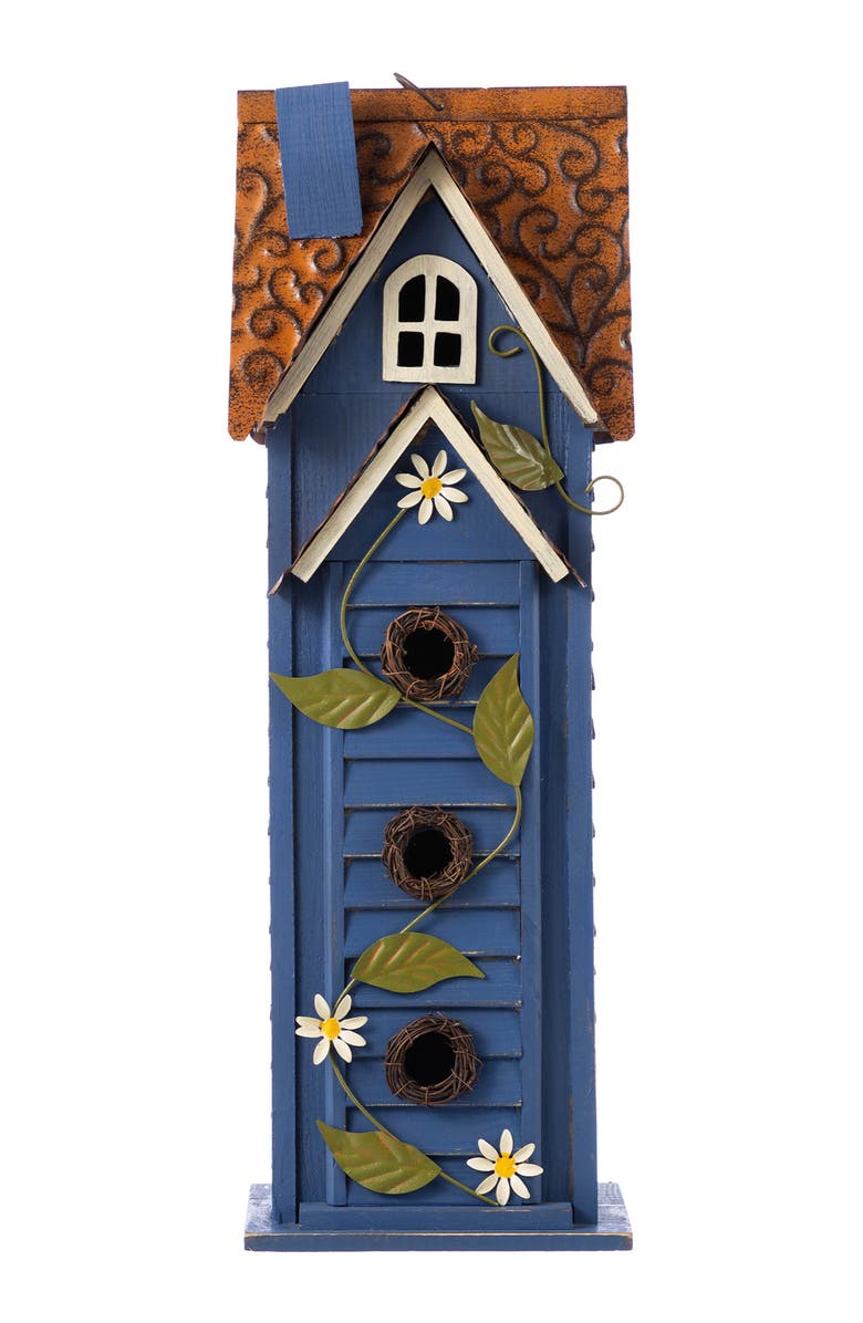 Glitzhome 24.25"H Oversized 3-Tiered Solid Wood Villa Decorative Outdoor Garden Birdhouse, Alternate, color, Blue