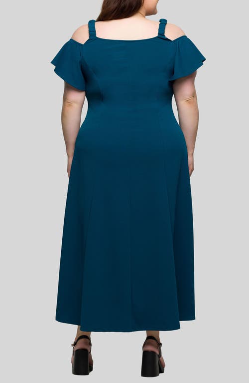 24seven Comfort Apparel Plus Size Cold Shoulder Ruffle Sleeve A-line Maxi Dress In Blue