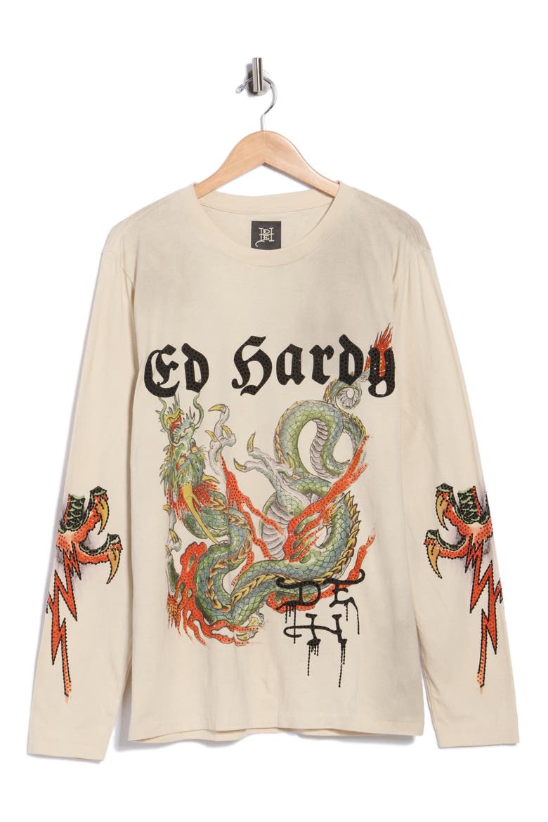 Rhinestone Dragon Long Sleeve Graphic T-Shirt, Alternate, color, IVORY
