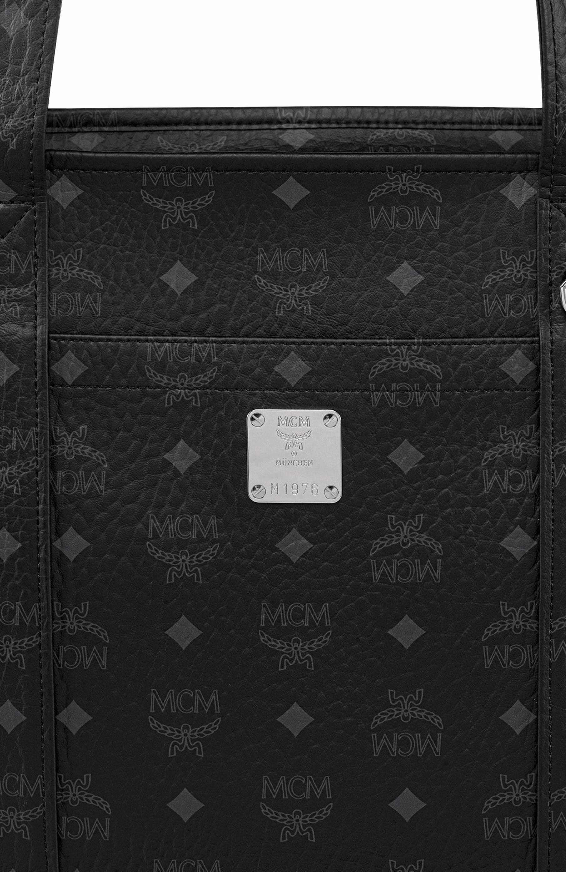 MCM Small Aren School Bag Tote in Visetos, Alternate, color, Black