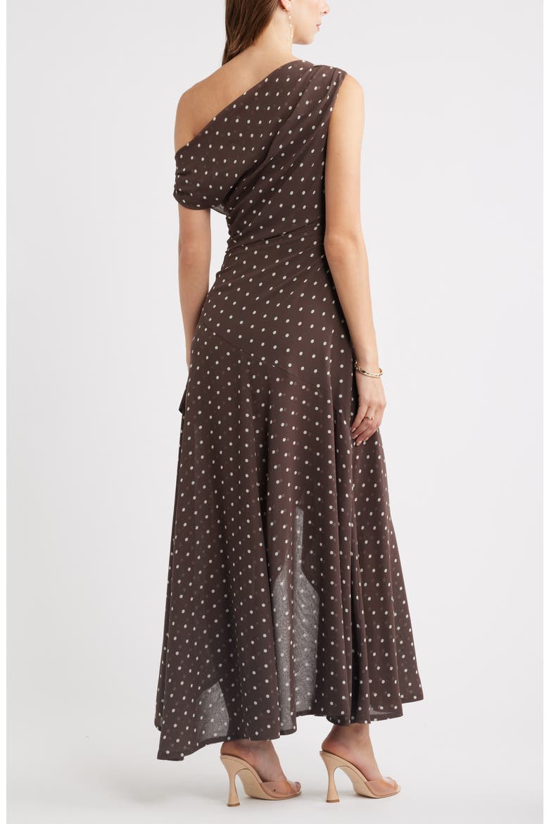 Cascading Off the Shoulder Evening Dress, Alternate, color, BROWN- IVORY CORNER DOT