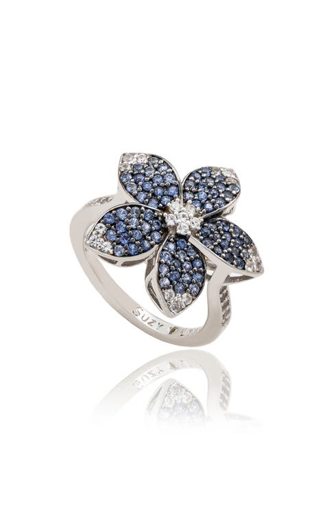 Sterling Silver Pavé Sapphire Flower Ring