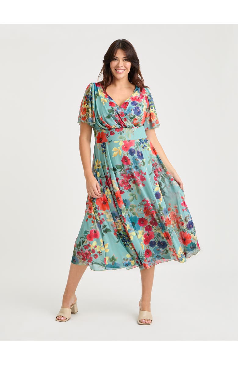 Scarlett & Jo Victoria Floral Angel Sleeve Midi Dress, Main, color, Soft Green Multi