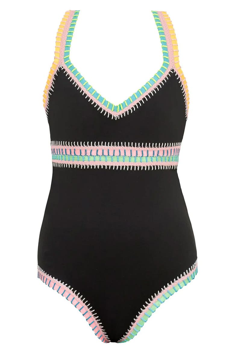Rainbow Embroidered One-Piece Swimsuit, Main, color, BLACK PIER