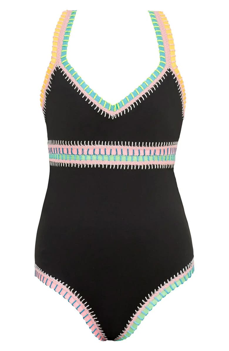 PQ SWIM Rainbow Embroidered One-Piece Swimsuit, Main, color, Black Pier