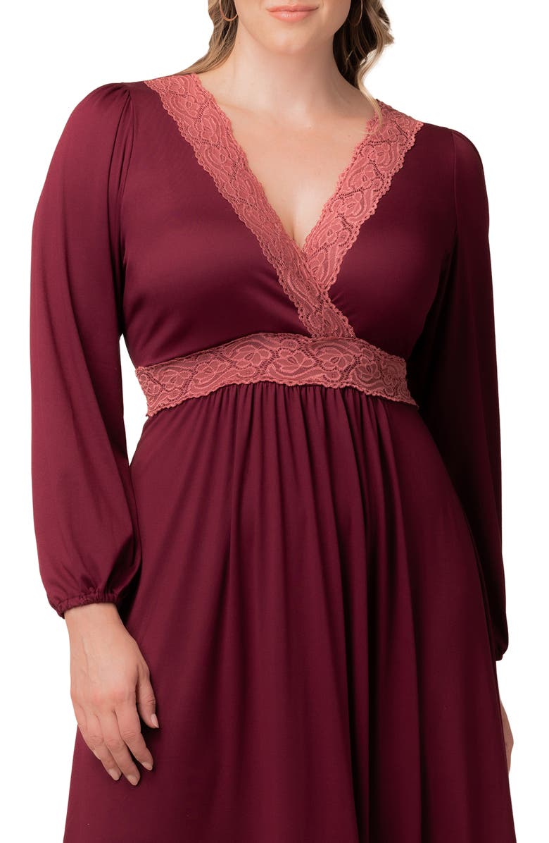 Kiyonna Lara Lace Trim Long Sleeve Maxi Dress, Alternate, color, Burgundy/ Mauve