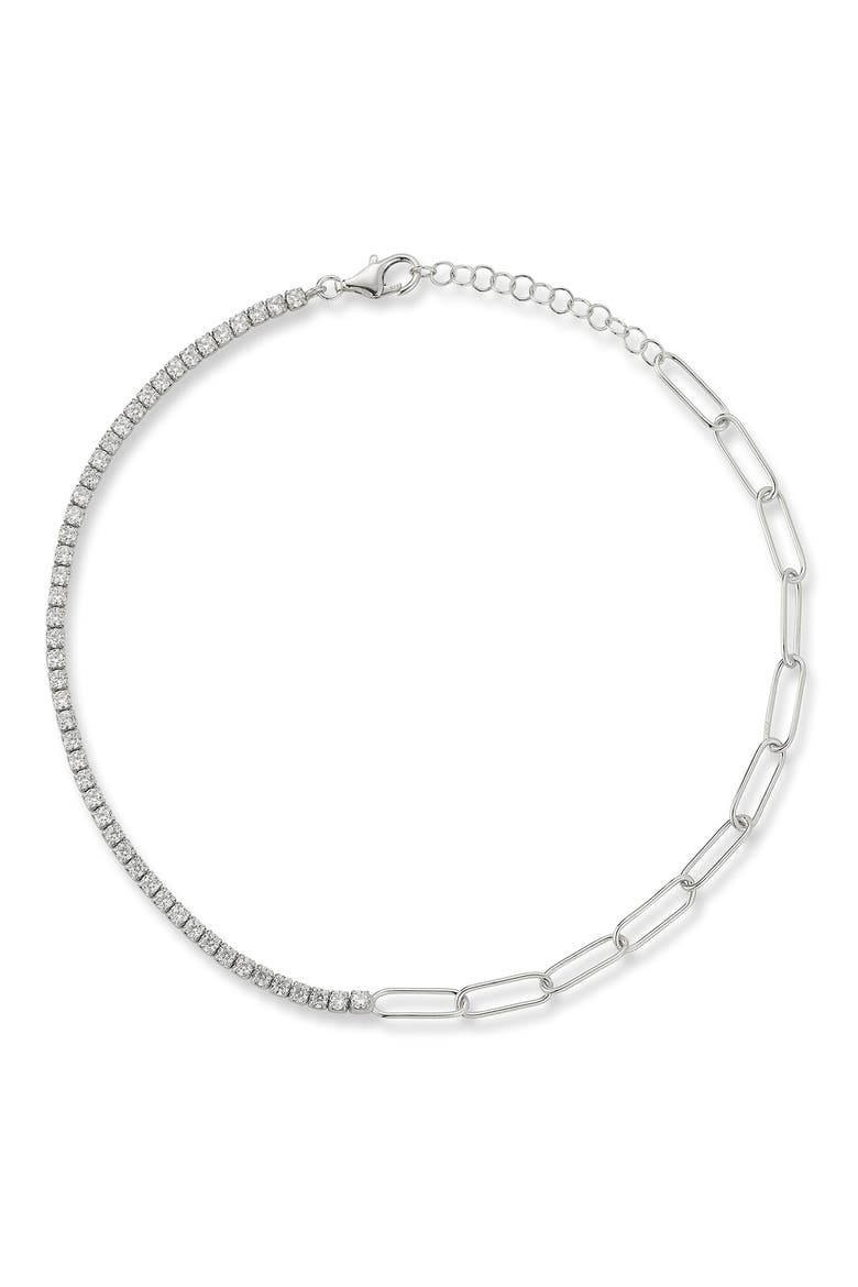 Cubic Zirconia Tennis & Paperclip Link Anklet, Main, color, SILVER