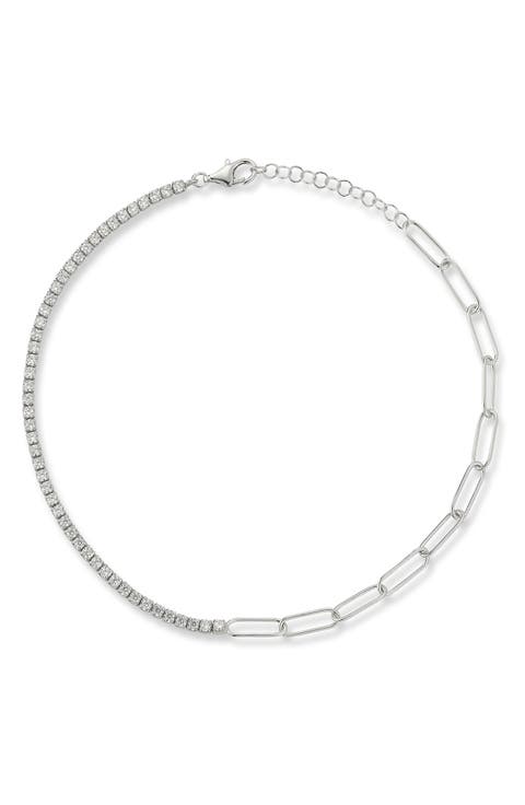 Cubic Zirconia Tennis & Paperclip Link Anklet