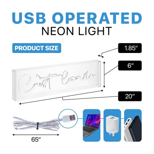 Jonathan Y C'est La Vie 20" X 6" Contemporary Glam Acrylic Box Usb Operated Led Neon Light, White In White
