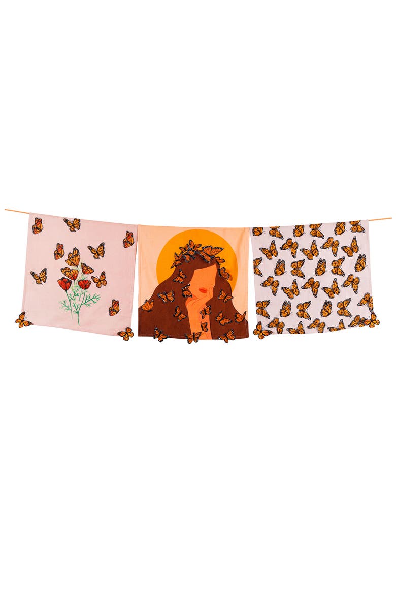 The Monarchs Garden Set of 3 Kitchen Towels, Main, color, PINK