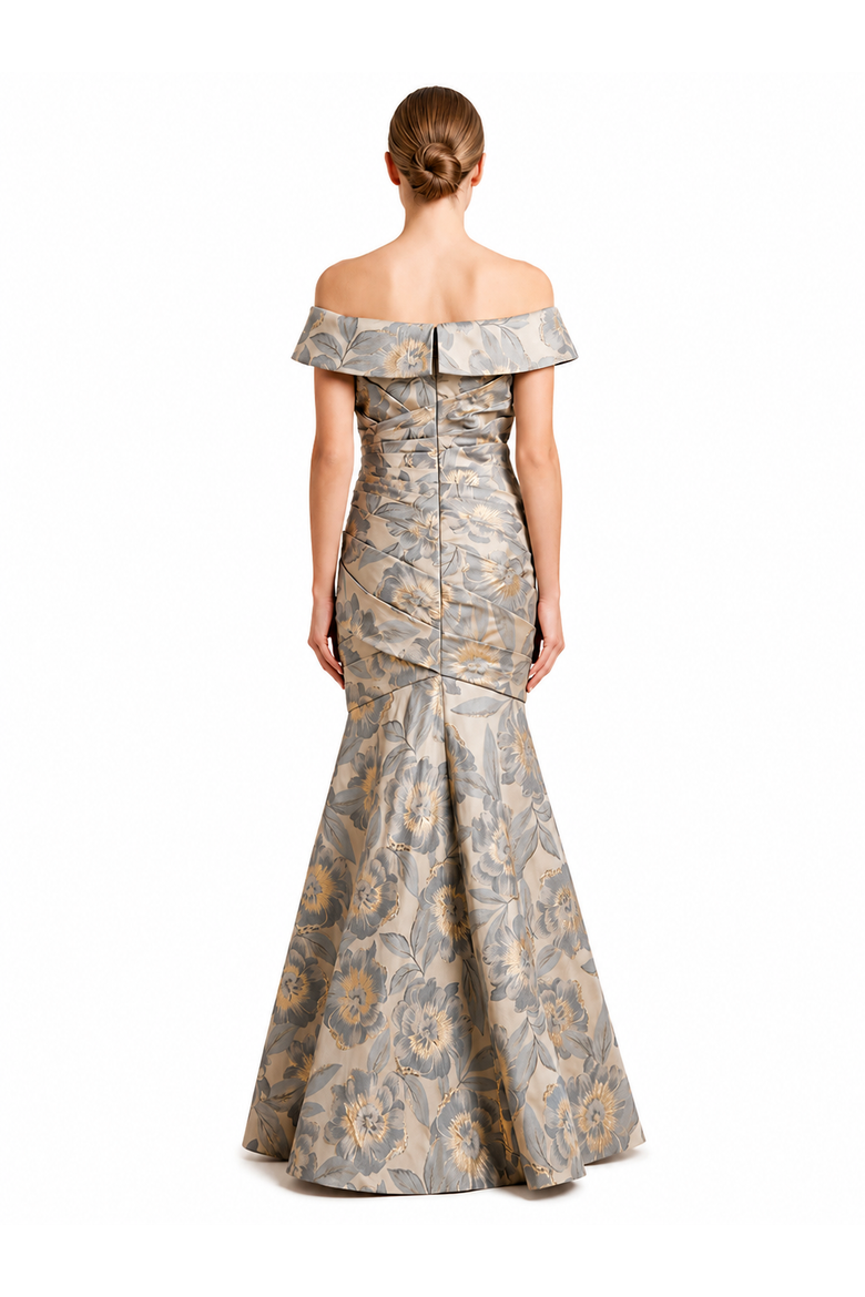 Off Shoulder Brocade Mermaid Gown, Alternate, color, Grey Gold