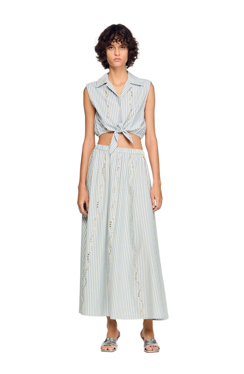 SANDRO Cropped striped rhinestone shirt, Alternate, color, Blue