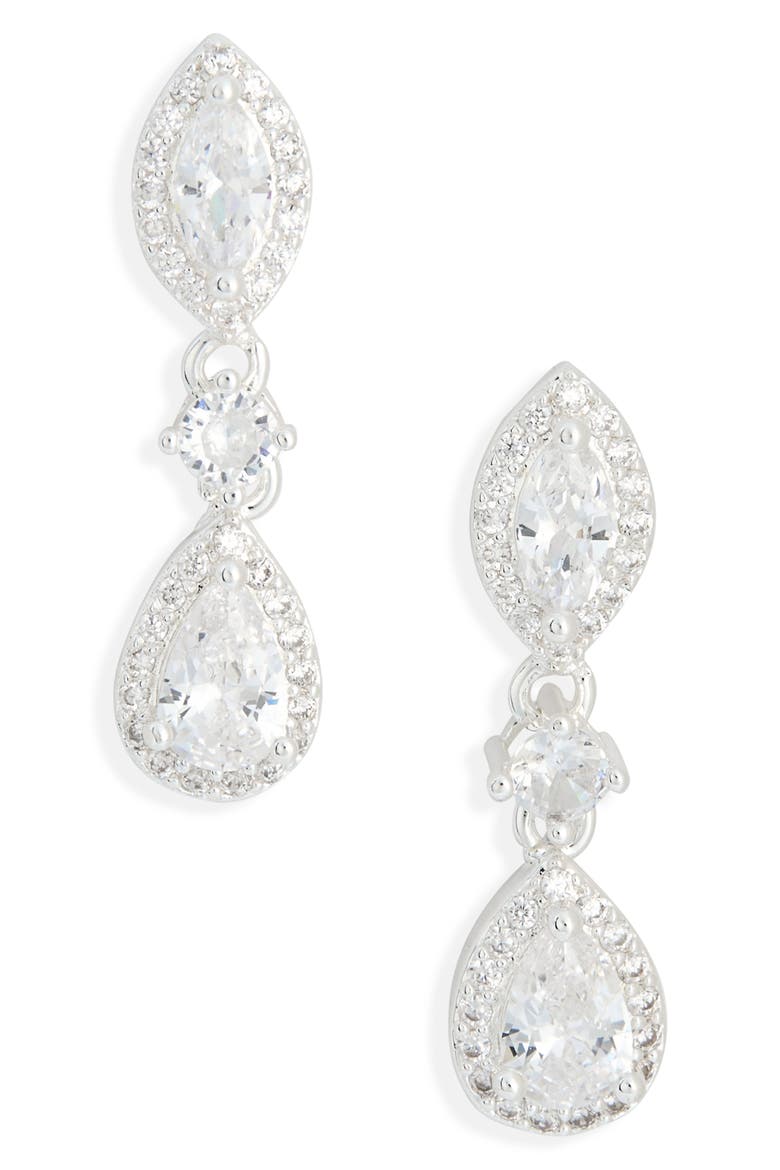 Cubic Zirconia Halo Drop Earrings, Main, color, CLEAR- SILVER