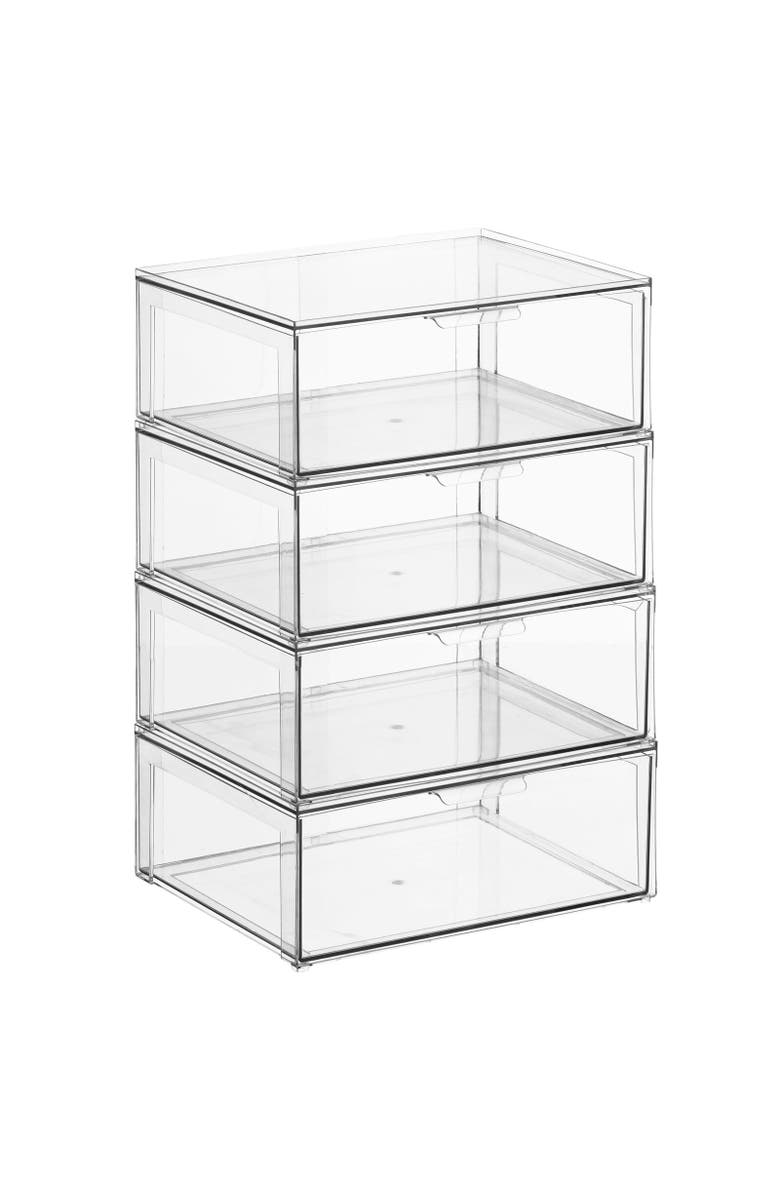 mDesign Plastic Stacking Closet Storage Organizer Bin with Drawer, 4 Pack, Clear, Alternate, color, Clear