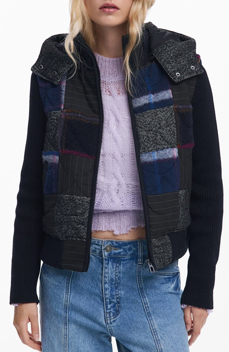 Desigual Padded Crop Jacket with Removable Sleeves & Hood, Main, color, Black