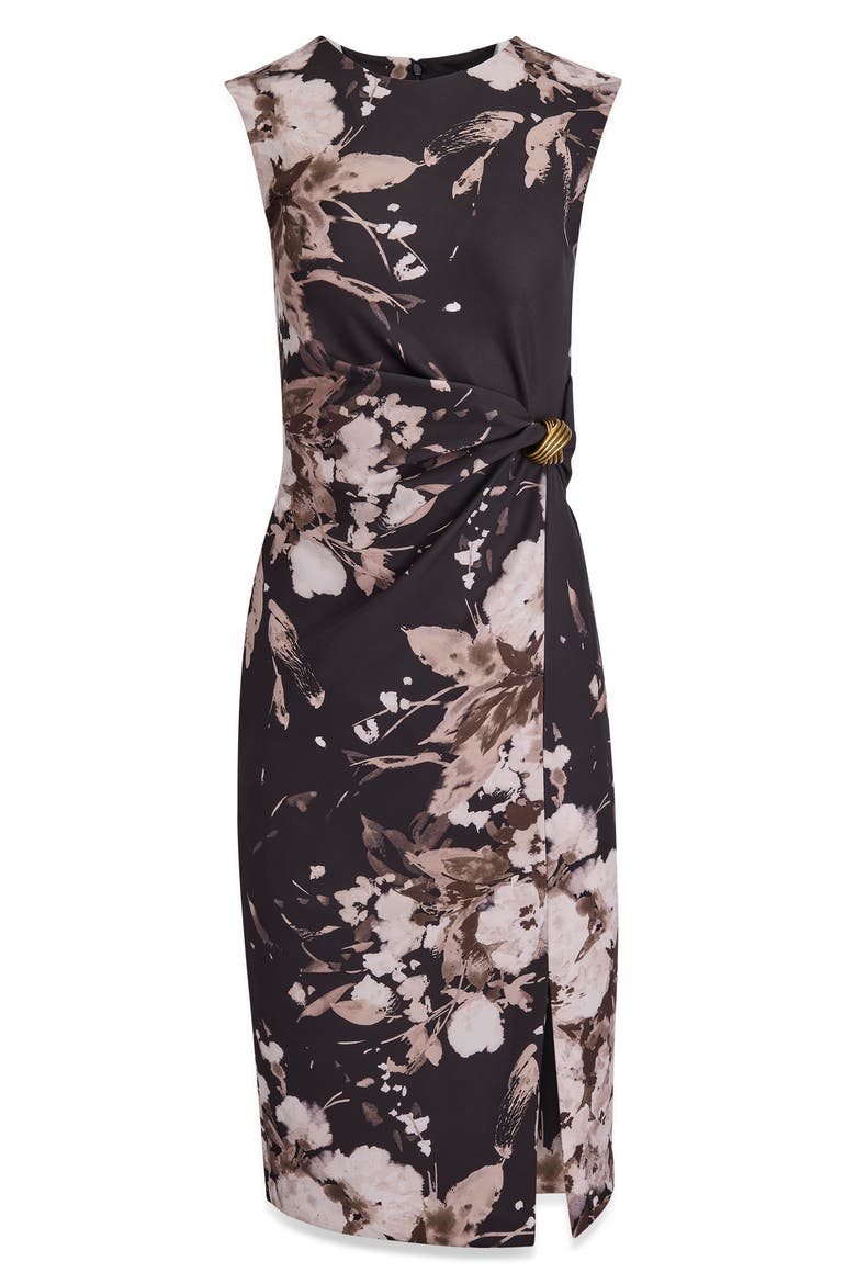 Poly Floral Print Cap Sleeve Midi Dress, Alternate, color, FAWN MULTI