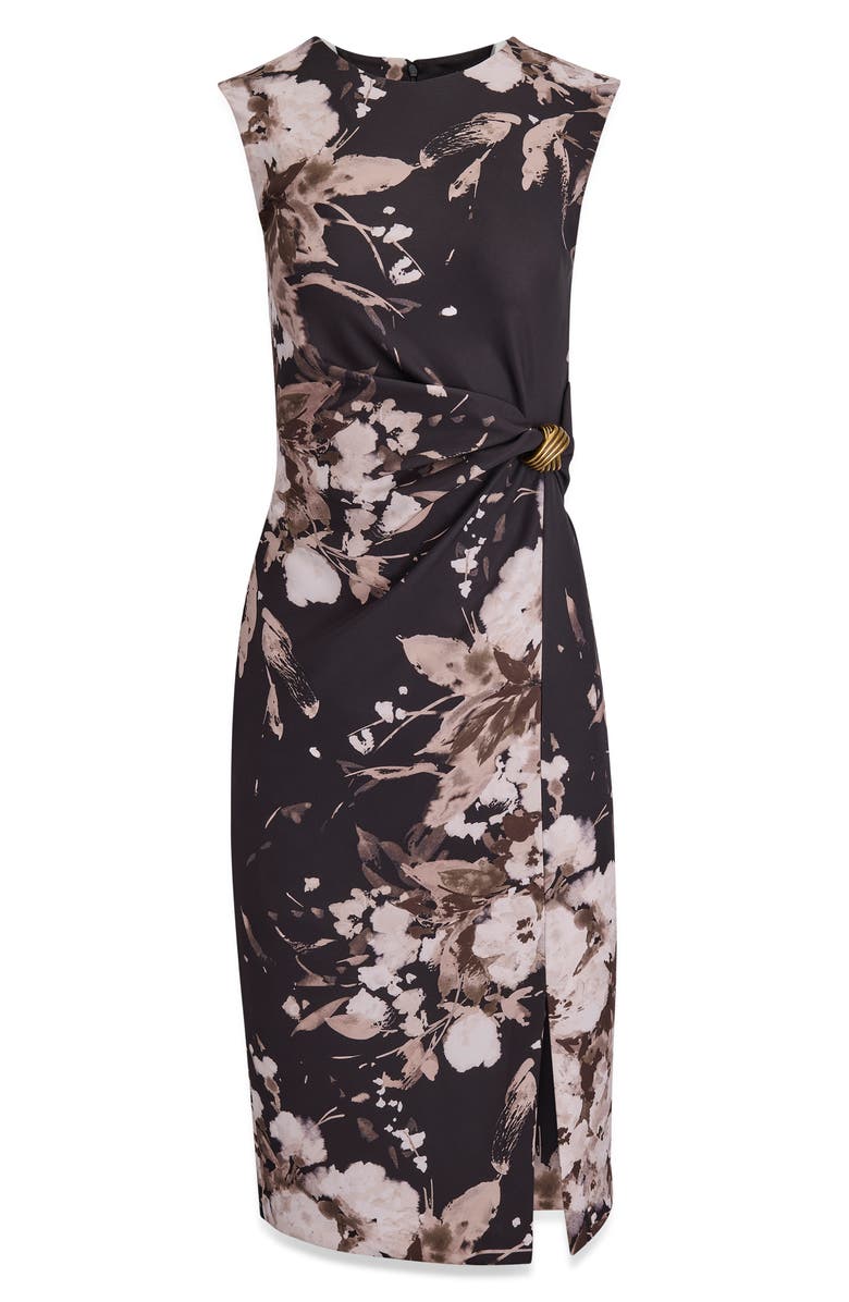 Donna Karan New York Poly Floral Print Cap Sleeve Midi Dress, Alternate, color, Fawn Multi