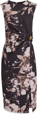 Donna Karan New York Poly Floral Print Cap Sleeve Midi Dress