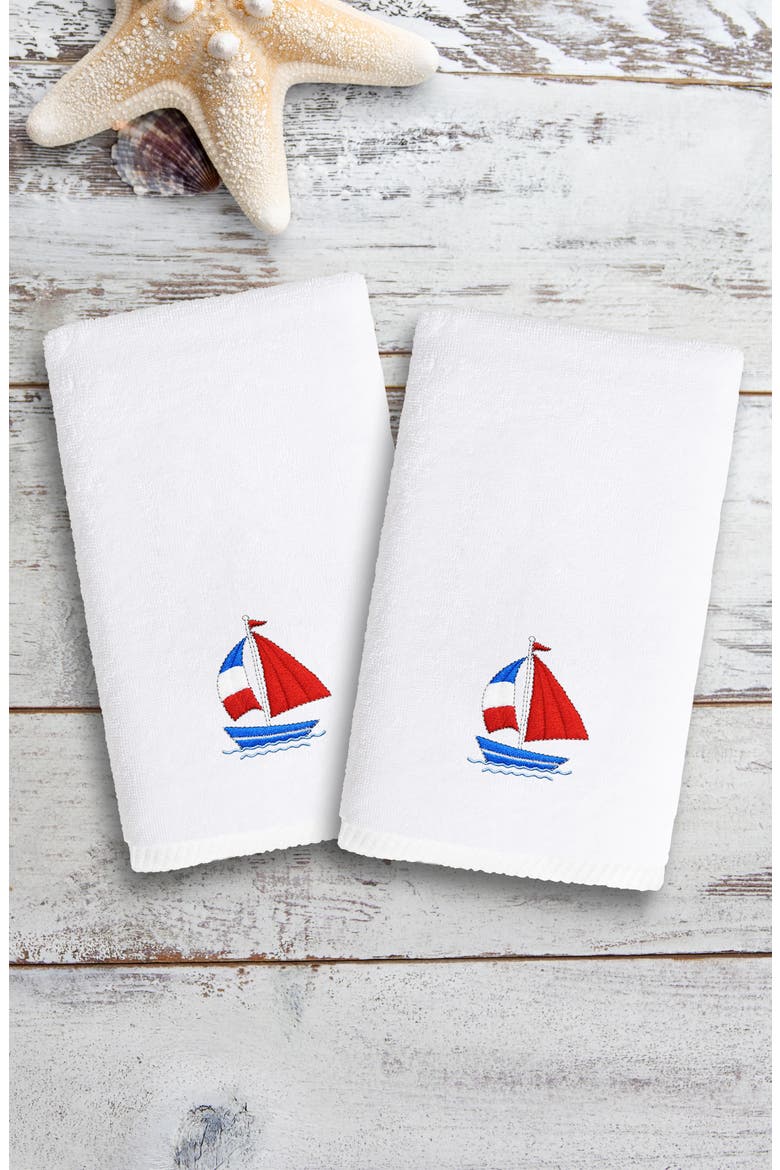 Set of 2 Boat Embroidered Turkish Cotton Hand Towels, Alternate, color, WHITE