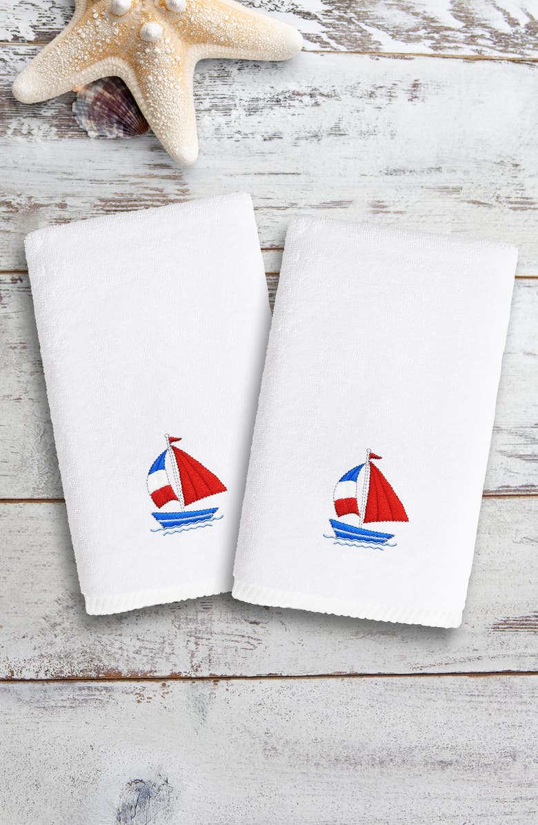 Linum Home Textiles Set of 2 Boat Embroidered Turkish Cotton Hand Towels, Alternate, color, White