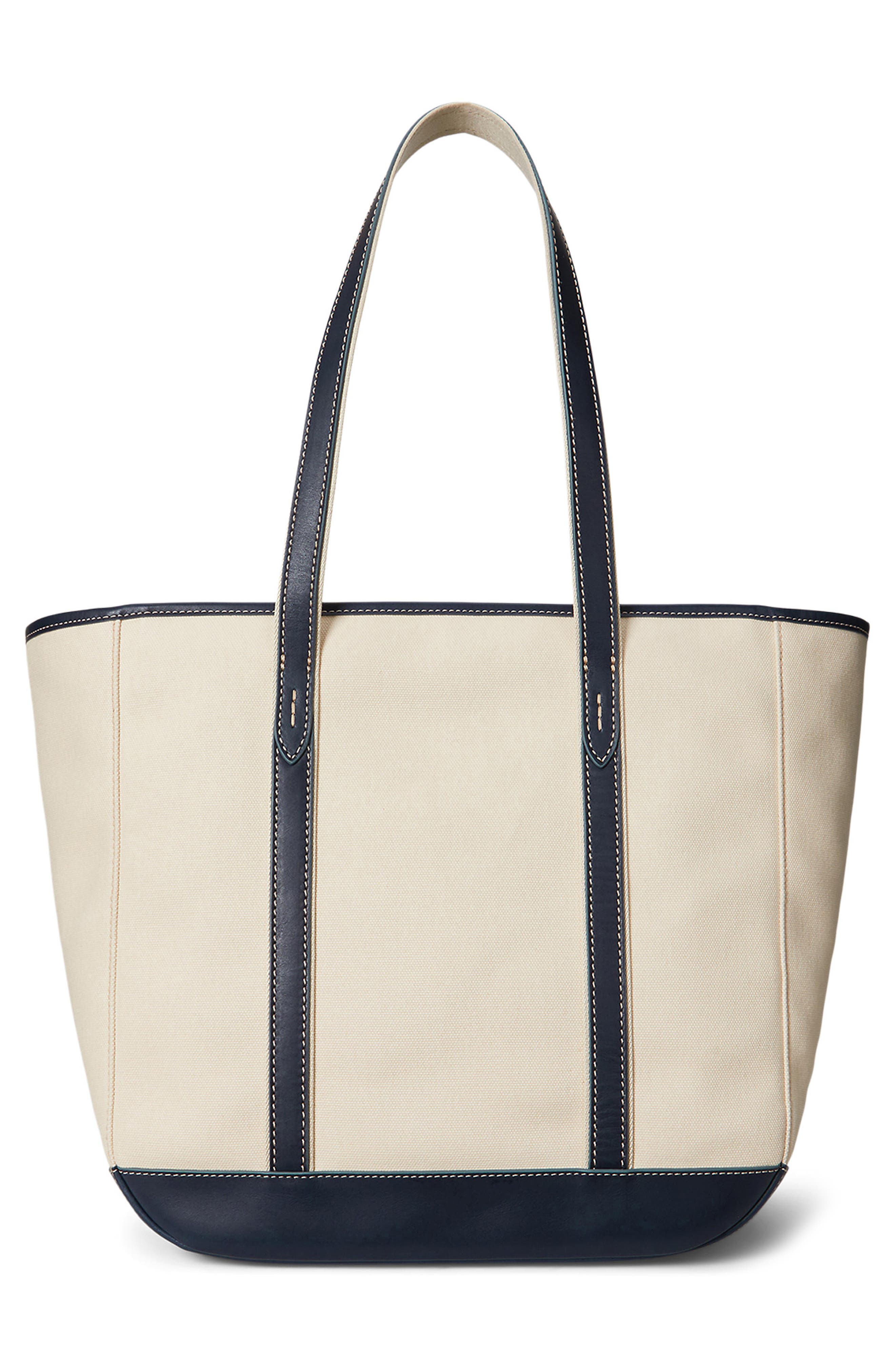 Medium Canvas & Leather Tote, Alternate, color, ECRU/ NAVY