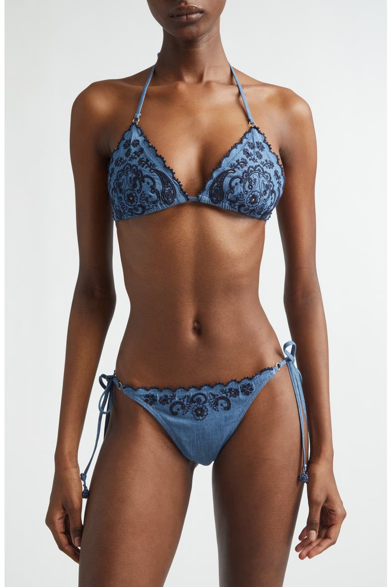 Aster Paisley Embroidered Denim Two-Piece Swimsuit, Main, color, DENIM