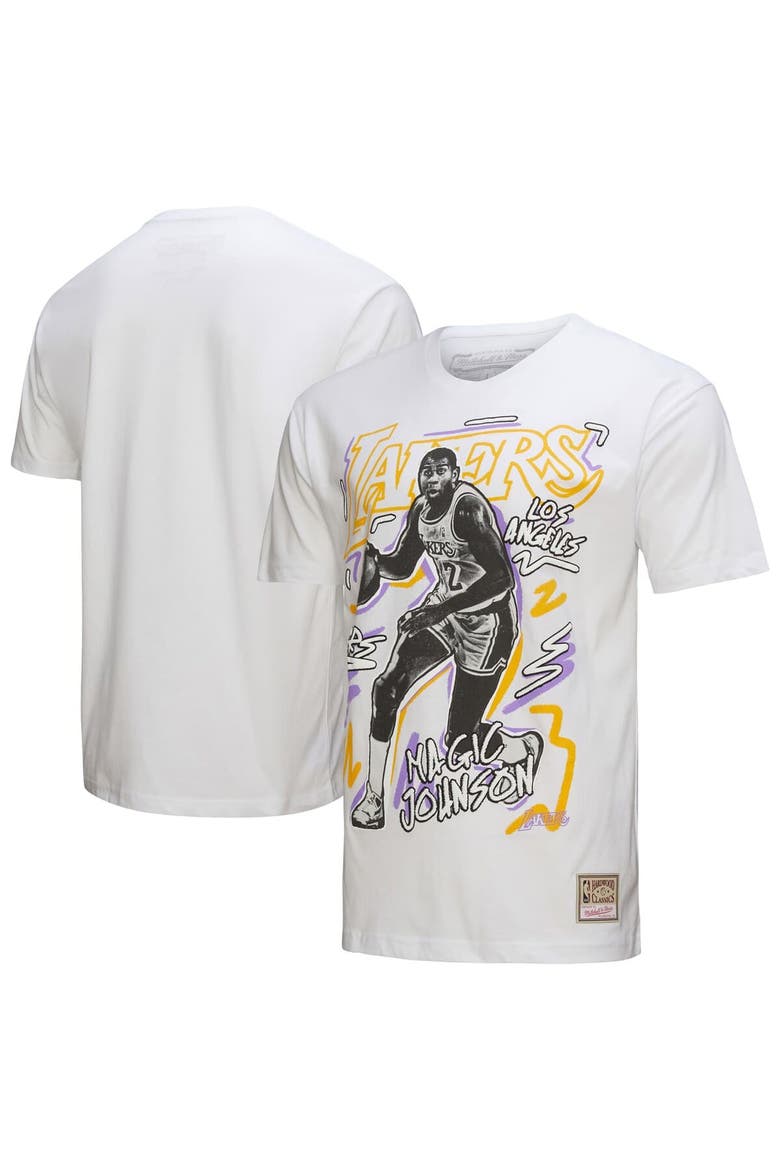Men's Mitchell & Ness Magic Johnson White Los Angeles Lakers Hardwood Classics Chalked Up T-Shirt, Alternate, color, White