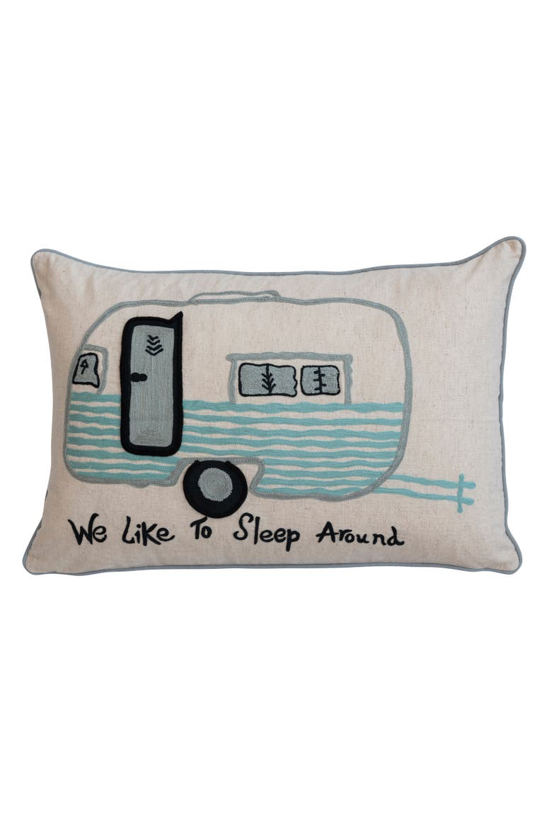 Cotton Lumbar Pillow Cover with Embroidered Camper Design and Message, Main, color, White