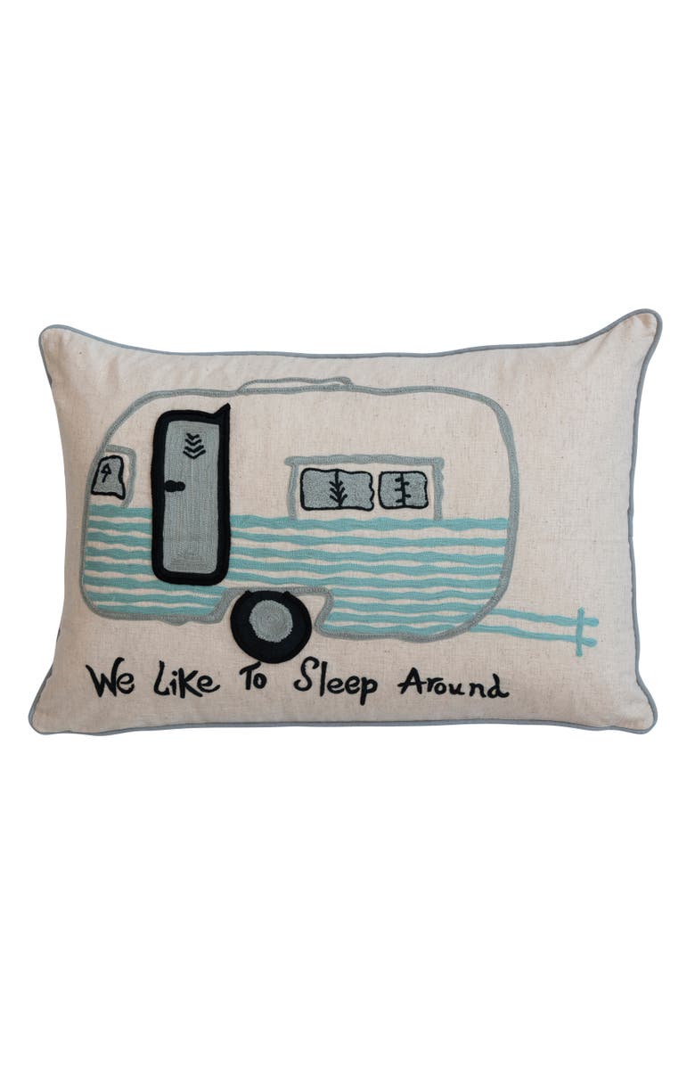 Storied Home Cotton Lumbar Pillow Cover with Embroidered Camper Design and Message, Main, color, White