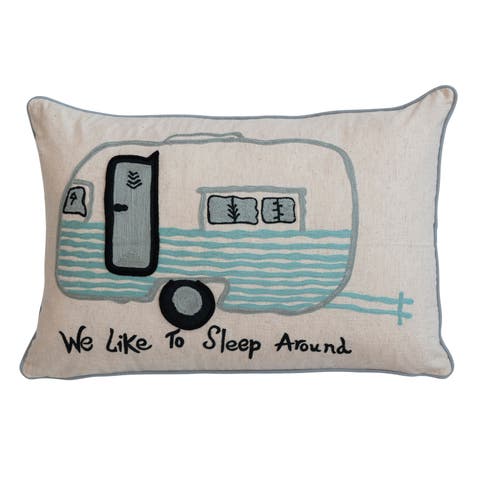 Cotton Lumbar Pillow Cover with Embroidered Camper Design and Message