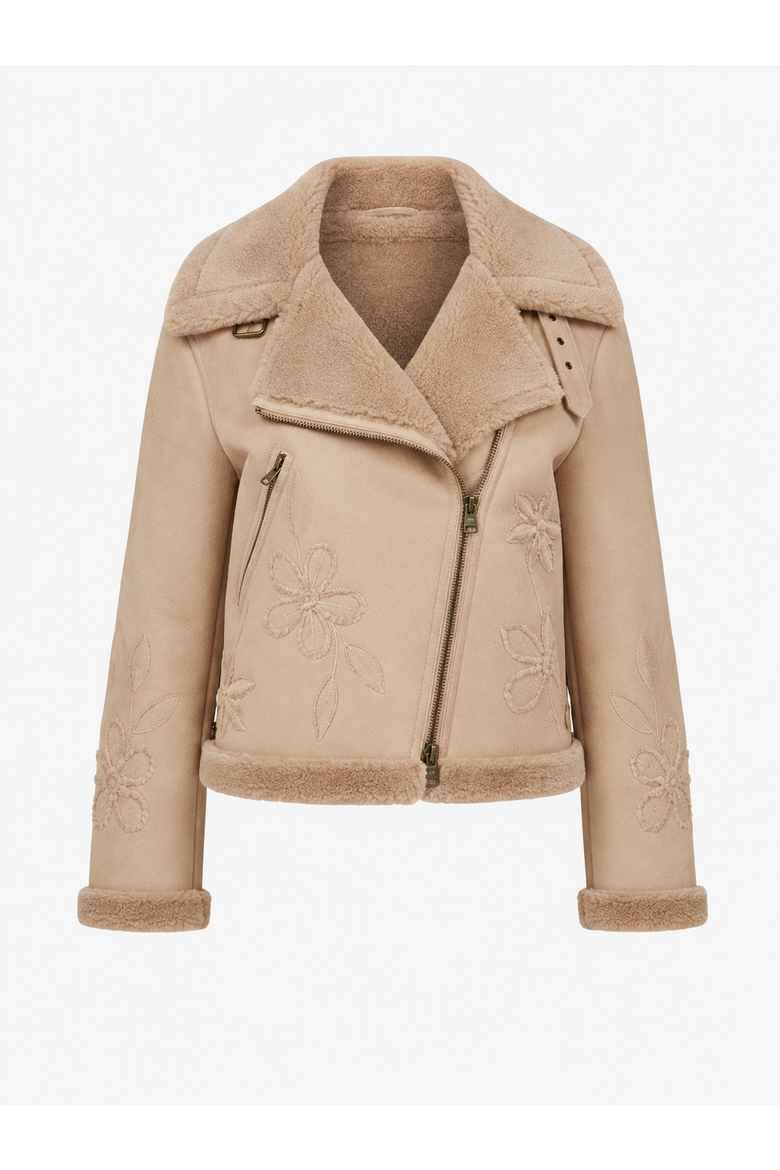 Eco Embroidered Merino Curly Shearling Biker Jacket, Main, color, Chalk