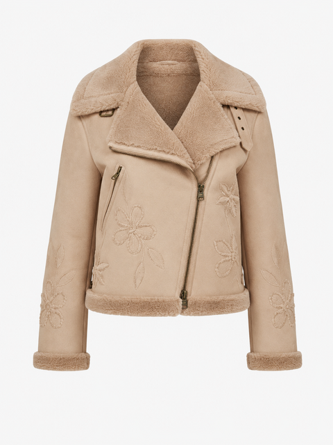 Eco Embroidered Merino Curly Shearling Biker Jacket