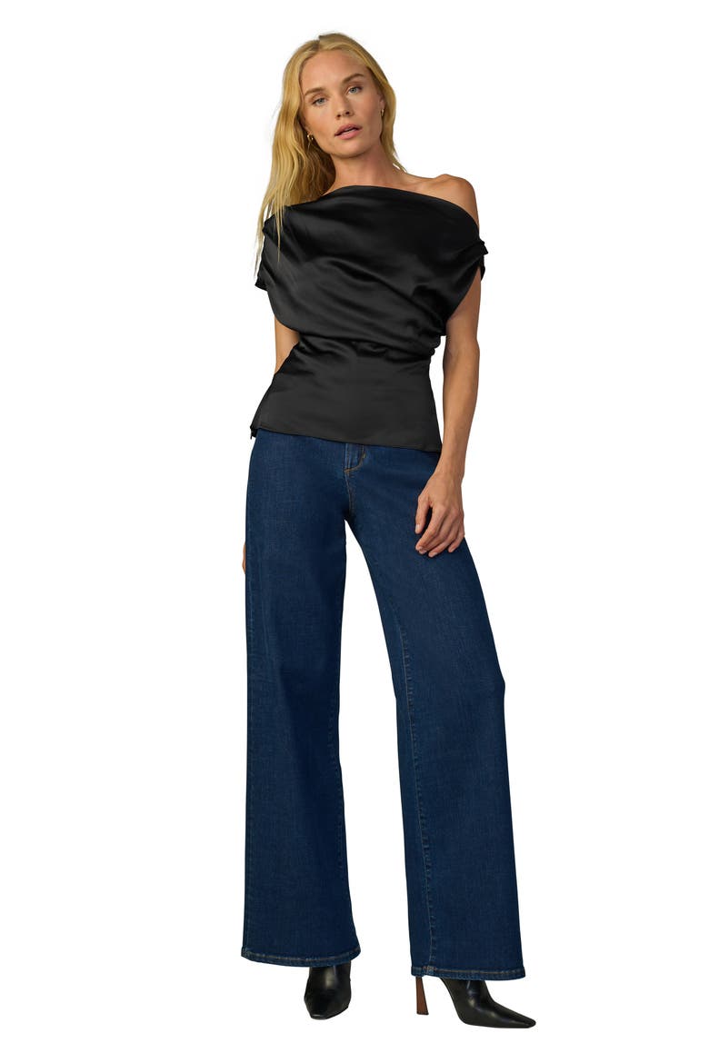 The Isla Drape One-Shoulder Satin Top, Alternate, color, BLACK