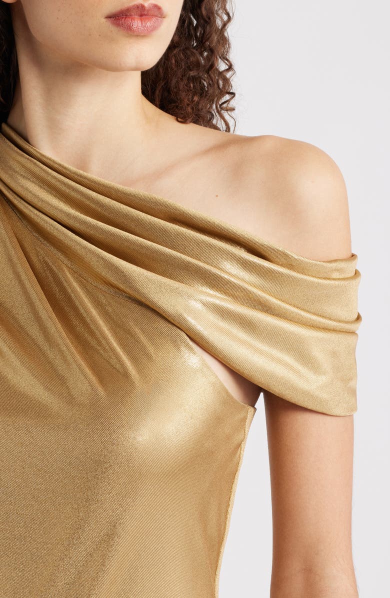 Lauren Ralph Lauren Metallic One Shoulder Gown, Alternate, color, Relic Gold/ Gold Foil