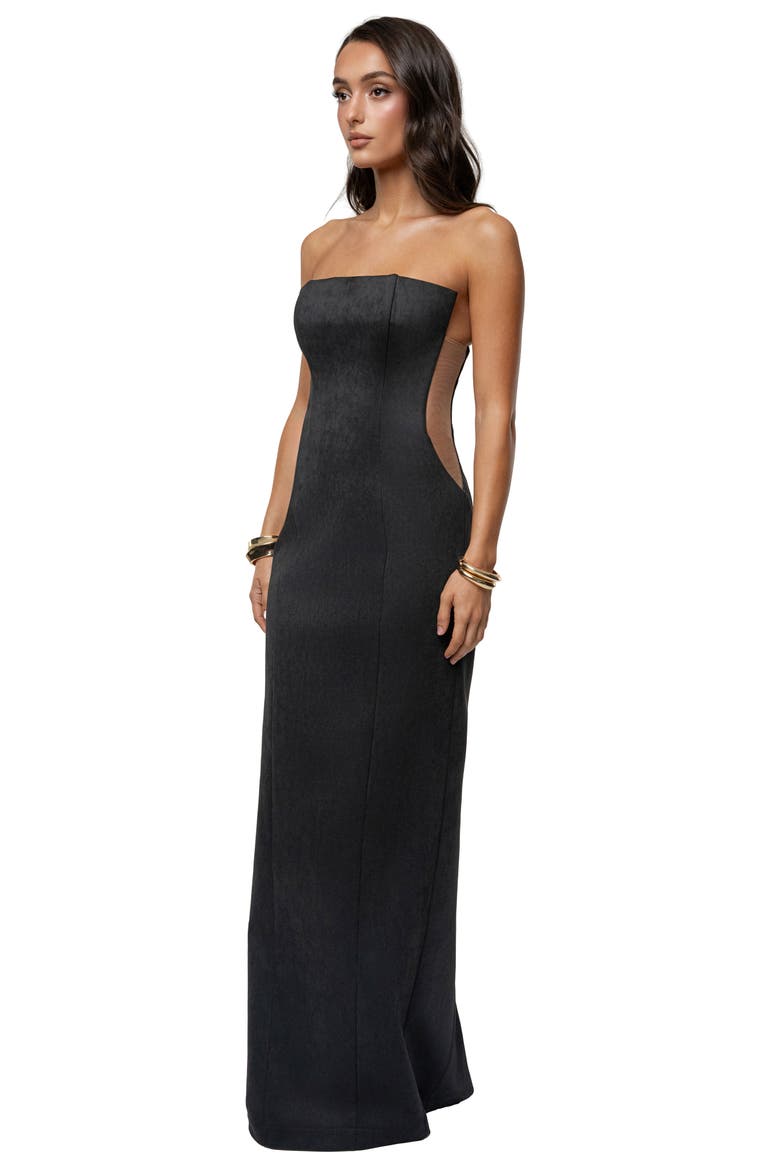 Madioson Sheer Inset Faux Suede Column Gown, Alternate, color, BLACK