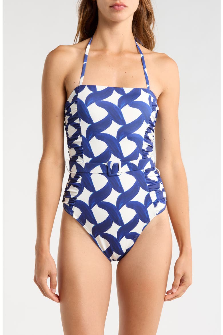 Kylah Shirred Belted One-Piece Swimsuit, Main, color, IVORY/BLUE