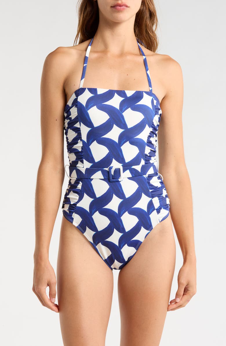 Hutch Kylah Shirred Belted One-Piece Swimsuit, Main, color, Ivory/Blue
