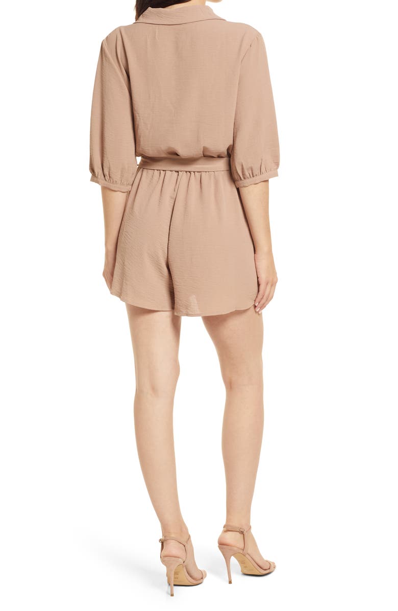Fraiche by J Balloon Sleeve Tie Front Romper, Alternate, color, Tan