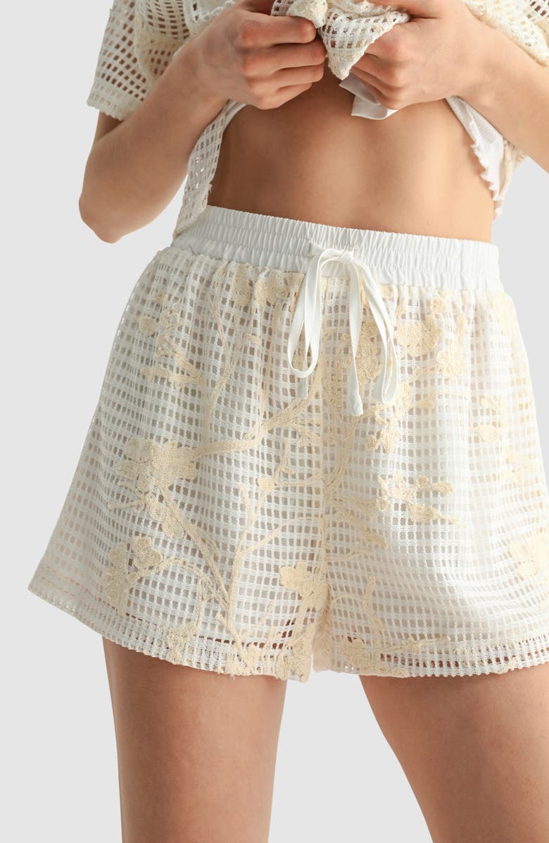Lush Floral Embroidered Mesh Shorts, Alternate, color, Cream Crochet