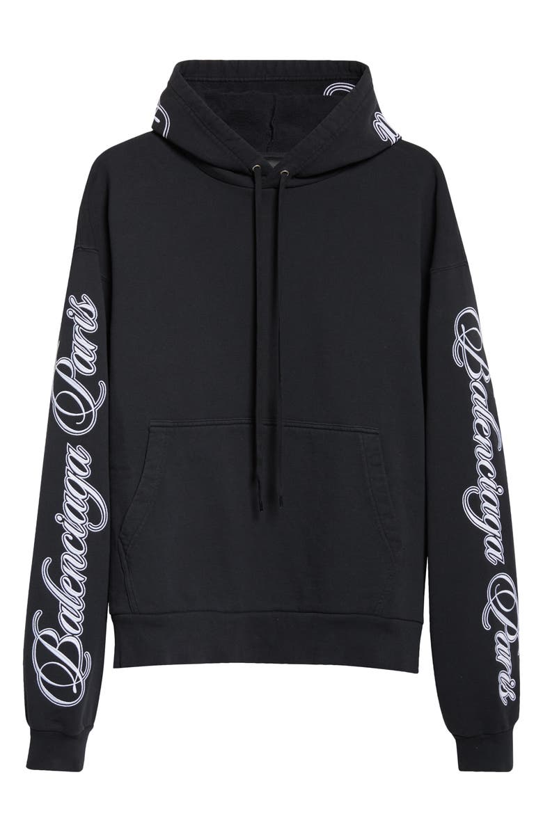 Balenciaga Oversize Logo Cotton Hoodie, Alternate, color, 6552 Washed Black 2/ White