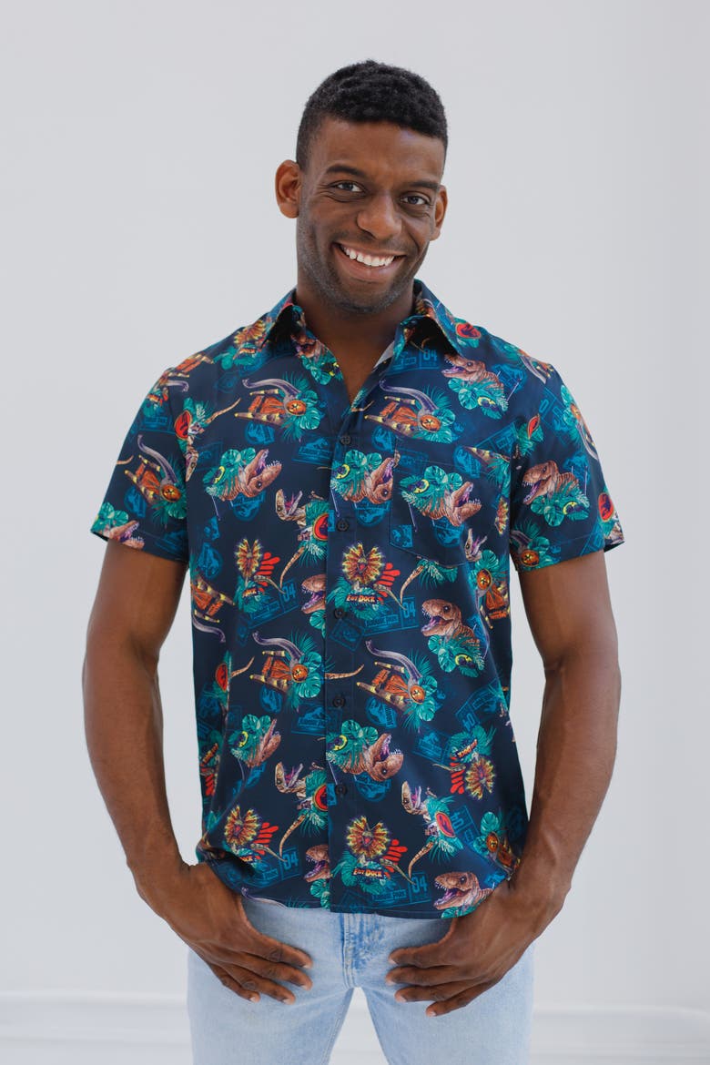 Jurassic Park T-Rex Hawaiian Short Sleeve Button Down Shirt, Alternate, color, Navy Dino Tropical