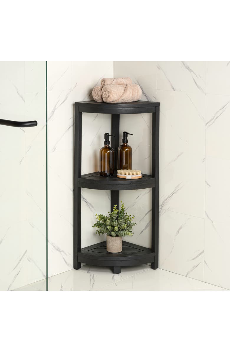 HAPPIMESS Sela 33" Classic Minimalist 3-Tier Acacia Wood Freestanding Bathroom Corner Shelf, Alternate, color, Black