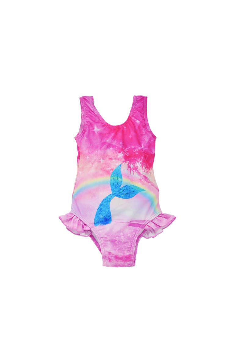 Girls Sun Protective UPF 50+ Delaney Hip Ruffle Swimsuit, Alternate, color, Rainbow Splash