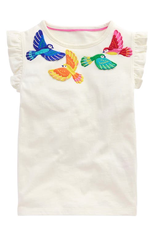 Mini Boden Kids' Bird Appliqué Ruffle Sleeve Cotton Graphic T-shirt In Ivory Birds