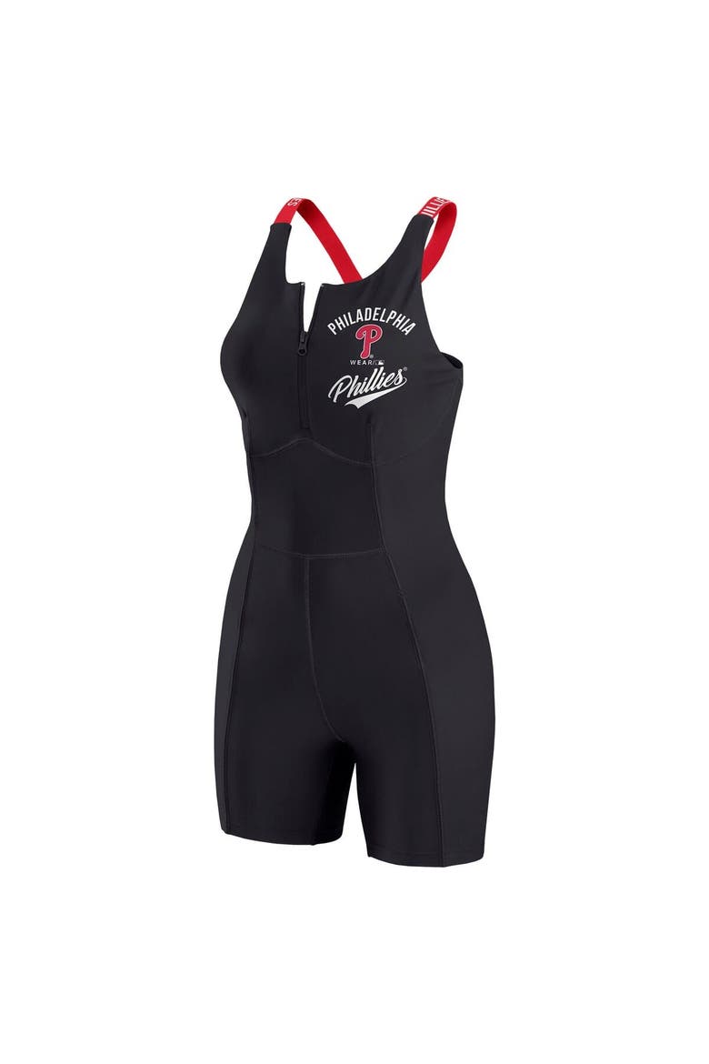 Women's WEAR by Erin Andrews  Black Philadelphia Phillies Bodycon Quarter-Zip Romper, Alternate, color, Black