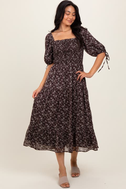 Floral Smocked Sleeve Tie Midi Dress