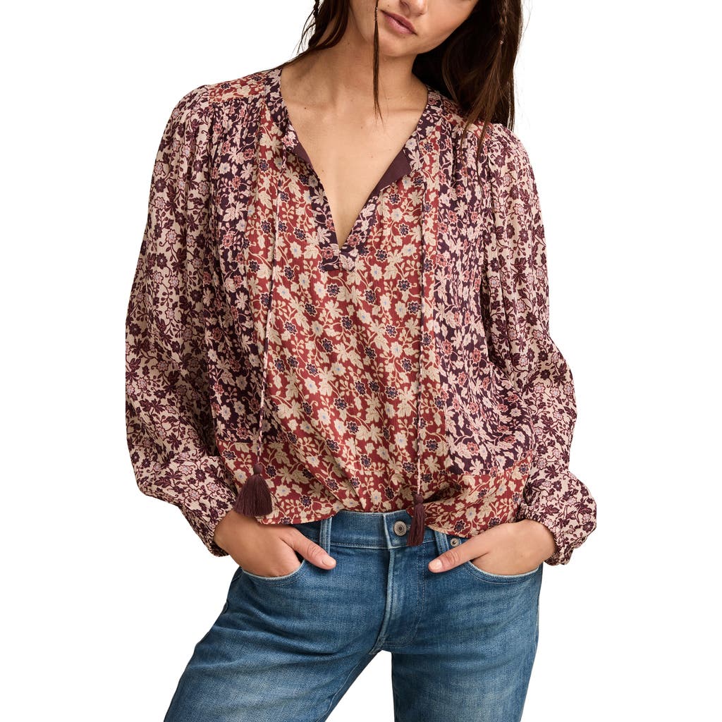 Lucky Brand Boho Floral Print Long Sleeve Top In Burgundy