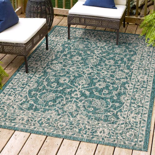 Jonathan Y Palazzo Vine And Border Textured Weave Indoor/outdoor Area Rug In Teal/gray
