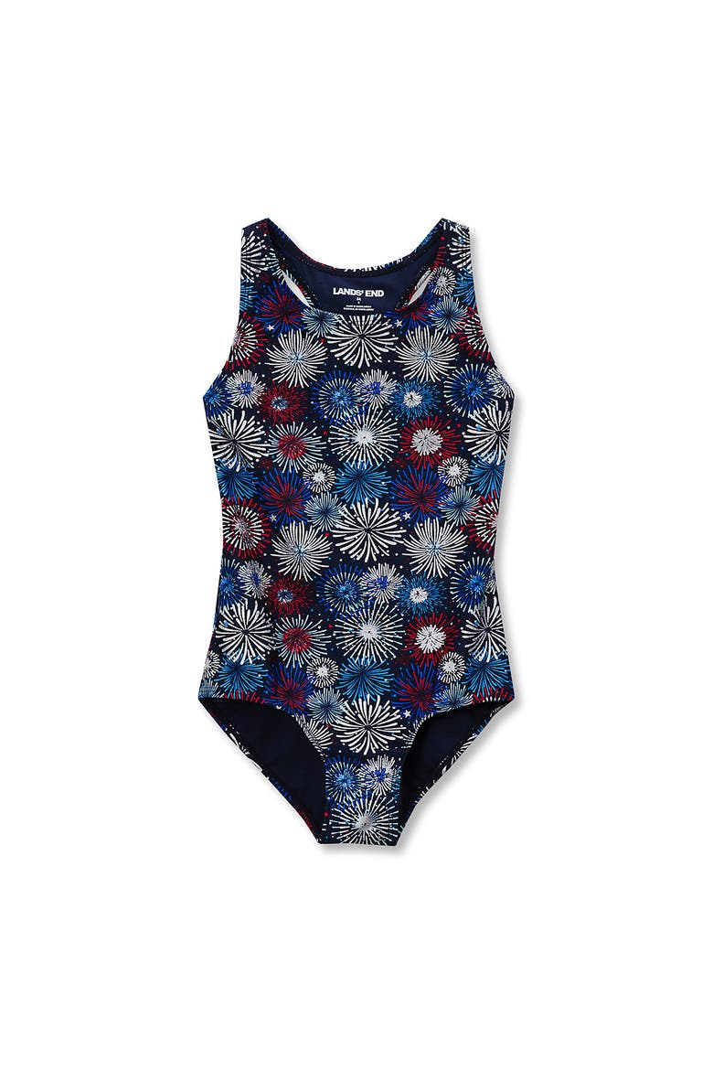 Girls Chlorine Resistant Sporty Hi-Neck Racer Back One Piece Swimsuit, Alternate, color, Red/White/Blue/Foil Fireworks